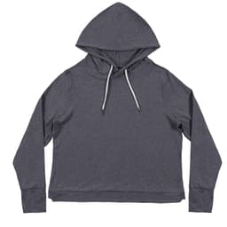 A grey modest crop hoodie with a hood and drawstrings, featuring a simple design and no visible logos.
