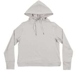 A light grey modest crop hoodie with a hood and drawstrings, featuring long sleeves and a simple design.