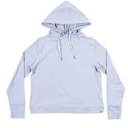 A light grey crop hoodie with a front pouch pocket and a drawstring hood. It has a logo on one sleeve.