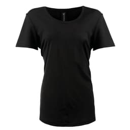 A black scoop neck shirt with short sleeves and a simple design, featuring a branded label.