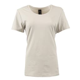 A scoop neck shirt in a light beige colour, featuring short sleeves and a simple design. It includes a branding label.