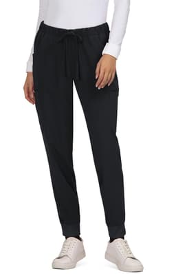 A pair of black Aster Pants with a drawstring waist, featuring side pockets and elastic cuffs.