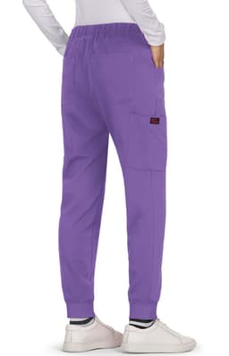 Purple pants with a relaxed fit, featuring pockets and elasticated cuffs. The back view showcases the design and fit.