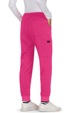 Pink Aster Pants with an elastic waistband, featured from the back view, showcasing a casual style and a logo.