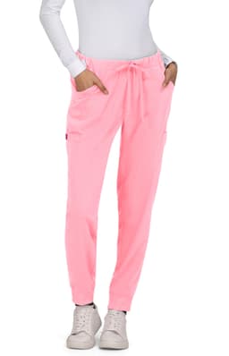 A pair of pink Aster Pants featuring elastic cuffs, drawstring waist, and side pockets.