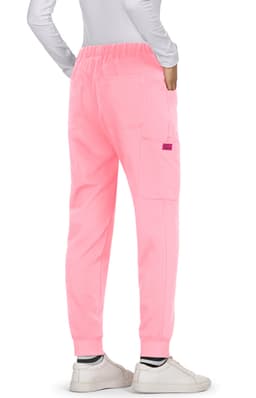 Pink pants with an elastic waistband and cargo pockets, featuring a branding logo.