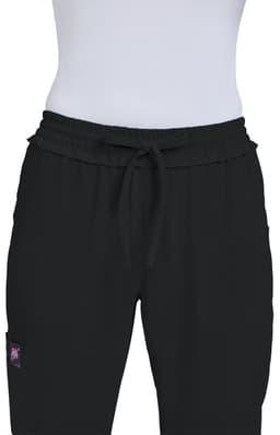 Black pants with an elastic waistband, featuring a drawstring and a logo on the side.