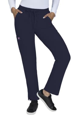 Navy blue pants with a drawstring waist and pockets, featuring a small logo on the side.