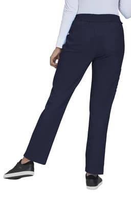 Navy blue pants with a straight leg design, featuring a comfortable waistband and worn with black sneakers.