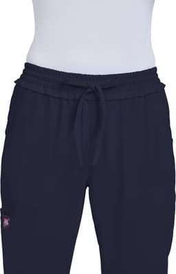 Navy blue pants with an elastic waistband and a logo on the side. Suitable for casual wear.
