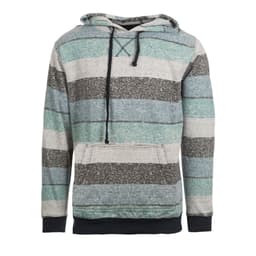 A fleece pullover in stripes of teal, grey, and cream, featuring a hood and front pocket. It has a logo on the design.