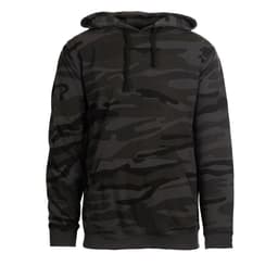 A camouflage-patterned pullover hoodie in shades of black and grey, featuring a front pocket and a hood.
