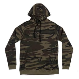 A camouflage pullover hoodie featuring a hood and front pocket, made from enzyme-washed French terry fabric.