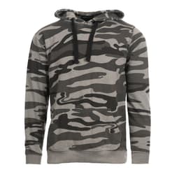 A grey and black camo-patterned pullover hoodie with a front pocket and drawstrings. It features a logo on the chest.