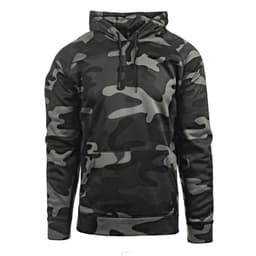 A camouflage pullover hoodie in shades of grey and black features a front pocket and a hood. It has a logo on it.