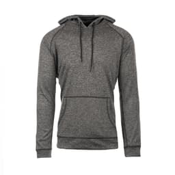 A grey Performance Raglan Pullover Hoodie with a front pocket and drawstring hood, featuring a logo.