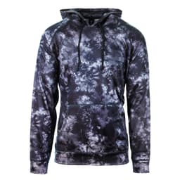 A black and grey tie-dye Performance Raglan Pullover Hoodie with a front kangaroo pocket and a hood.