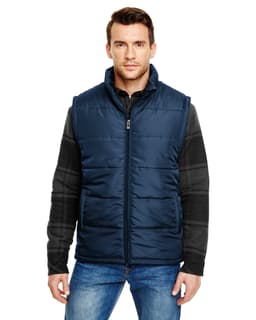 A navy puffer vest with a zip front and a high neckline, worn over a black and grey plaid shirt.
