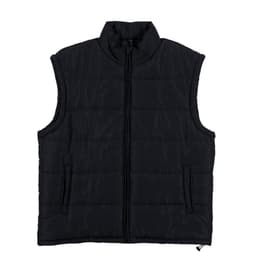A side view of a black puffer vest with a plaid design on the sleeves, featuring a logo.
