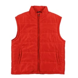 A red puffer vest with a high collar, featuring a front zip and pockets, worn by a smiling male model.