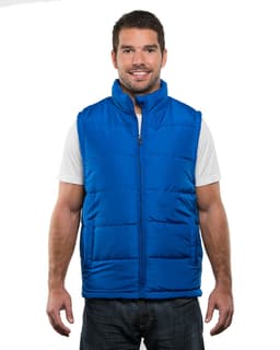A blue puffer vest is displayed on a man, shown from the side, featuring a high collar and zipped design.