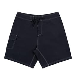 Black men's solid board shorts with contrasting stitching and a back pocket, featuring a logo on the waistband.