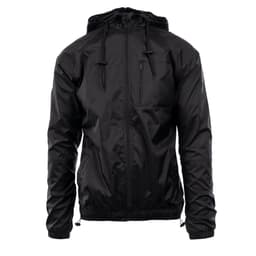 A black nylon jacket featuring a hood, zippered pockets, and a 600 PU coating for added durability.