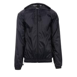 A black nylon jacket featuring a hood, front zip, and elasticised hem. Includes a small pocket and branding.