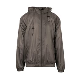 A nylon jacket in grey with a hood and adjustable drawstrings, featuring a zippered front pocket and elastic cuffs.
