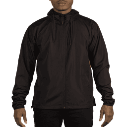 A lightweight windbreaker in black, featuring a zipper and a hood, displayed on a model with arms at sides.