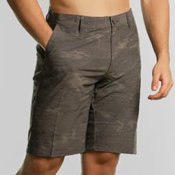 Coated dual function shorts in grey camouflage, featuring pockets and a casual fit. Includes branding.
