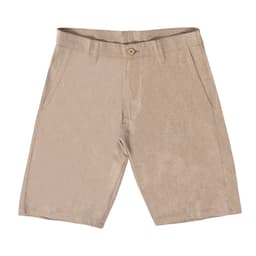 Beige coated dual function shorts featuring a button closure and multiple pockets, with a logo present.