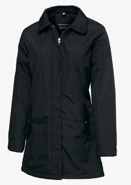 A black Bellington women’s jacket with a zip front and side pockets, featuring a collar and long sleeves.