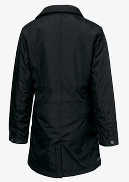 A black women's jacket featuring a collar and long sleeves. The back view shows a fitted design and a logo.