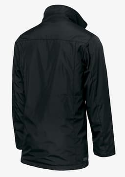 A black Bellington men's jacket featuring a collared design and a back view, showcasing its sleek silhouette.