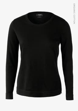 A black knitted jumper with a round neckline and long sleeves, made from organic cotton. It features a branding label.
