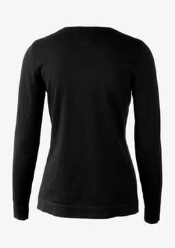 A black knitted jumper with long sleeves and a round neckline, featuring a simple design and logo.
