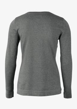 A grey knitted jumper with long sleeves and a simple round neckline, featuring a logo on the back.