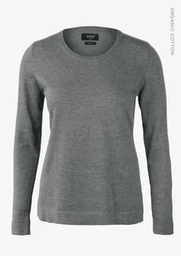 A grey knitted jumper with a round neckline and long sleeves, featuring a logo at the neck.