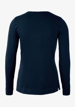 A navy knitted jumper with long sleeves, featuring a round neck and a simple, sleek design.