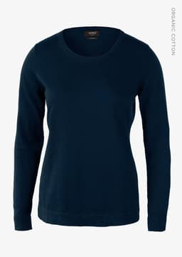 A navy knitted jumper with long sleeves and a round neckline, featuring a branding label.