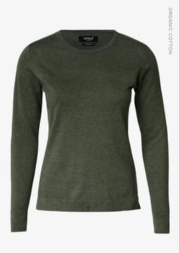 A knitted jumper in a dark green colour, featuring long sleeves and a crew neckline. It has a logo on the label.