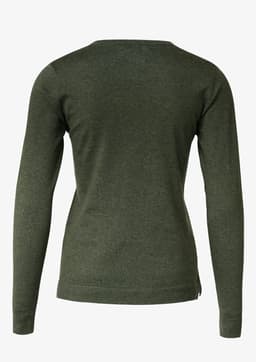 A green knitted jumper with a round neckline and long sleeves, featuring a slight side split at the hem.