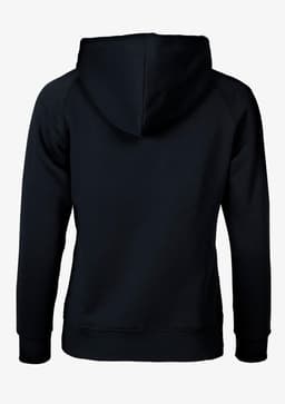 A black women's hoodie featuring a spacious hood and long sleeves, with a plain design on the back.