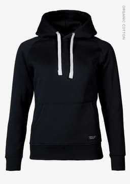 A black hoodie with a front pocket and a drawstring hood, featuring a logo on the lower side.
