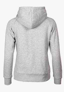 A grey women's hoodie with a back view, featuring a hood and a simple design. Includes a logo.
