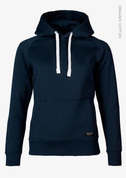 A navy blue hoodie with a front pocket and white drawstrings, featuring a logo on the lower side.