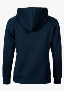 A navy blue hoodie with a hood and raglan sleeves, featuring a logo on the back.