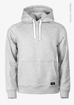 A grey hoodie with a front pocket and a drawstring hood, featuring a logo. Made from organic cotton.
