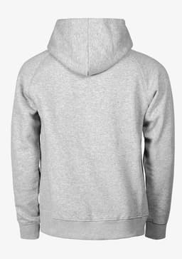 A grey hoodie with a kangaroo pocket and hood, featuring a seamless back design. Includes a logo on the front.